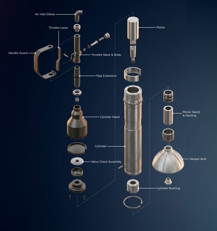 Exploded view of a pneumatic backfill tamper with twelve major components labeled: air inlet elbow, throttle lever, throttle valve and body, handle guard, pipe extension, cylinder head, valve chest assembly, piston, cylinder, cylinder bushing, piston gland and packing, and tamper butt.