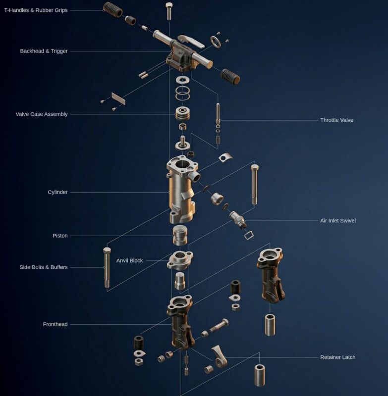 Labeled exploded parts diagram of a pneumatic paving breaker showing backhead, cylinder, piston, front head and retainer latch