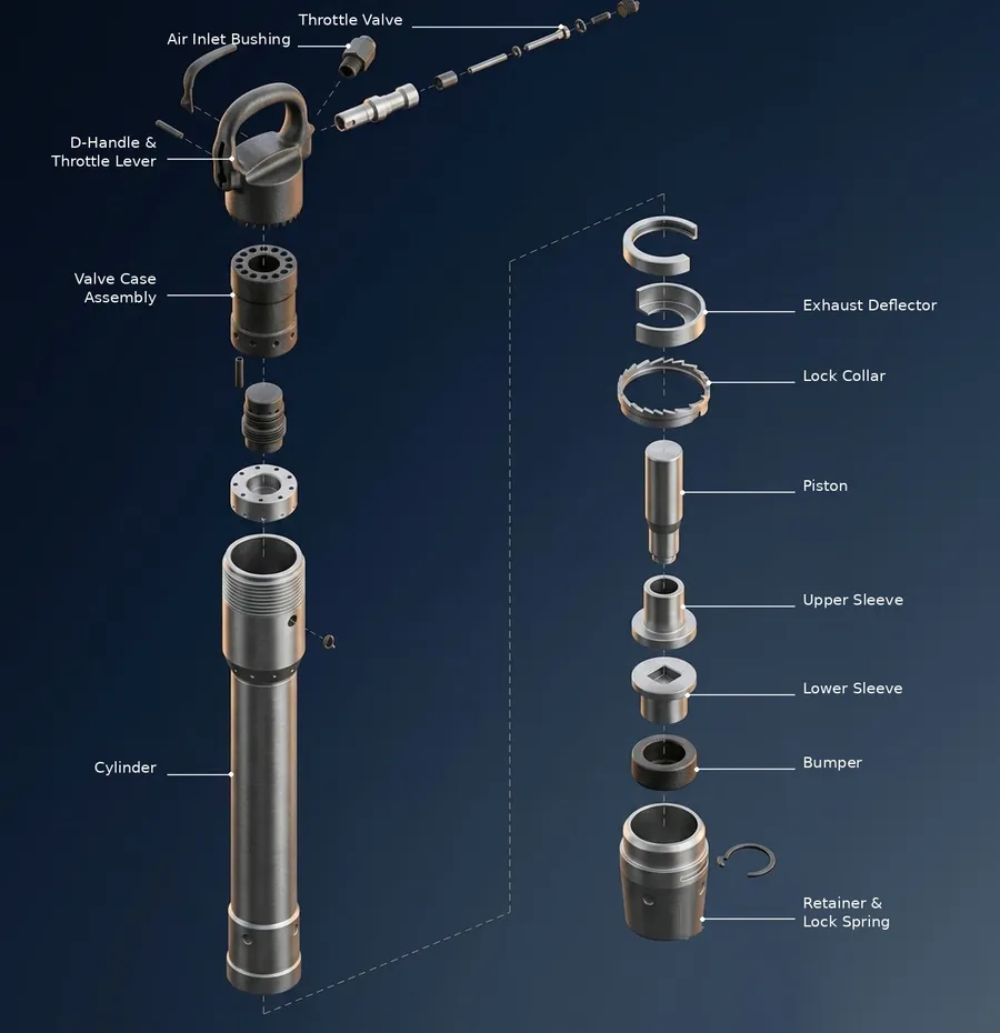 Exploded parts diagram of a pneumatic rivet buster, showing the D-handle and throttle lever, air inlet bushing, throttle valve, valve case assembly, cylinder, piston, upper and lower sleeves, bumper, exhaust deflector, lock collar, and retainer with lock spring